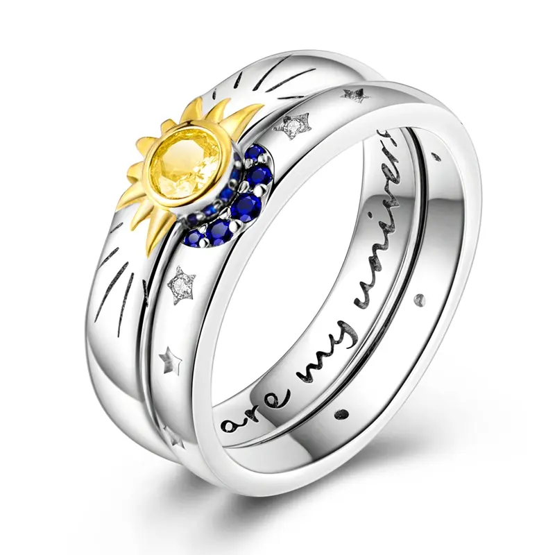 MULA Cosmic Galaxy Ring Set for Women - Platinum & Yellow Gold Plated Sun Star Celestial Ring, Engraved "You Are My Universe", 2-Row Stackable Promise Ring, Romantic Gift for Her, Wedding Band