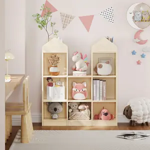 8 Cubby Castle Shape Kids Bookshelf with Reading Nook, Toy Storage Organizer and 3 Tier Display Shelves, Multifunctional Wooden Storage Cabinet Bookcase for Playroom Children Room Nursery Classroom Natural Wood