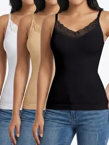Women's Seamless Solid Color Lace Trim Camisole, Womenswear Tummy Control Shapewear Tank Top for Casual Everyday Wear