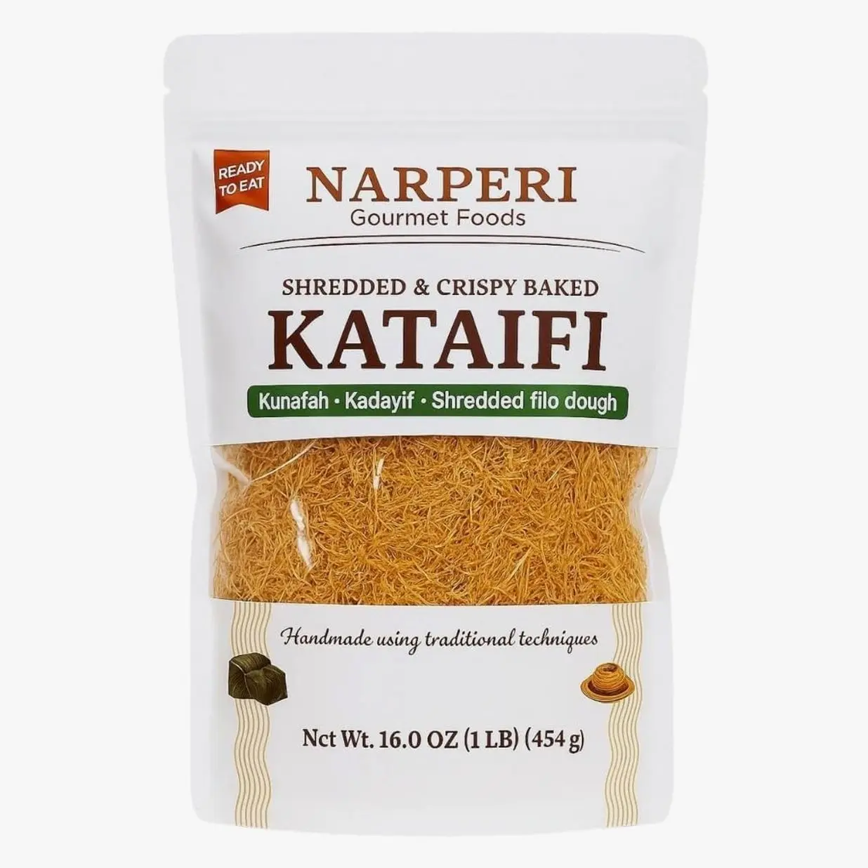 Narperi Gourmet Kataifi, Shredded Crispy Filo Dough, 1 lb, Vegan, Ready-to-Eat