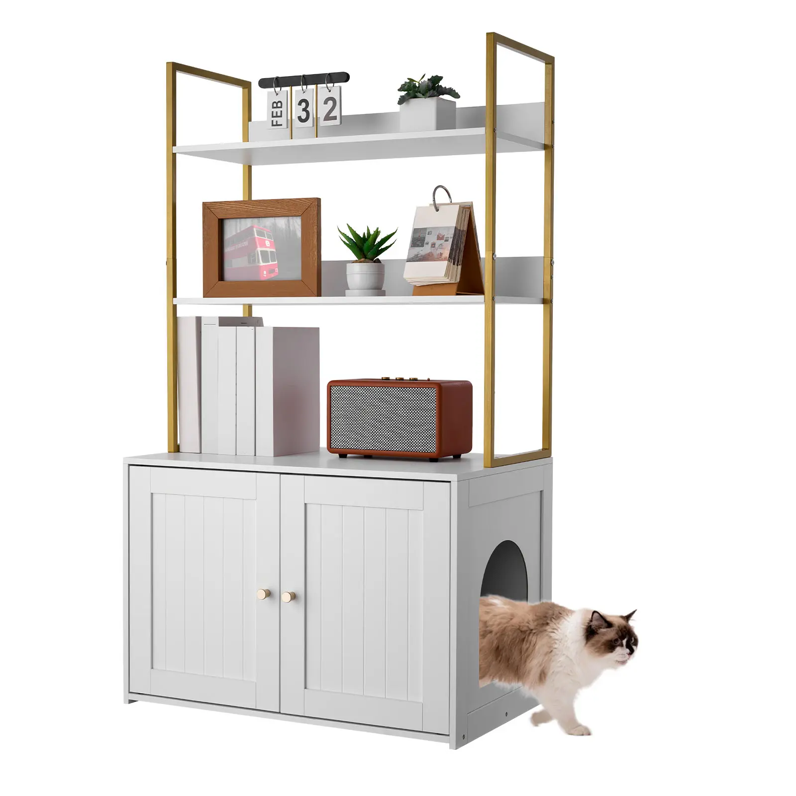 【SummerFinds】VEVOR Cat Litter Box Enclosure Furniture, 27.6 in Hidden Litter Box Cabinet with Metal Legs & 2-Tier Storage Shelves, Waterproof Cat Washroom Cat House, Fit Most of Litterbox, for Living Room