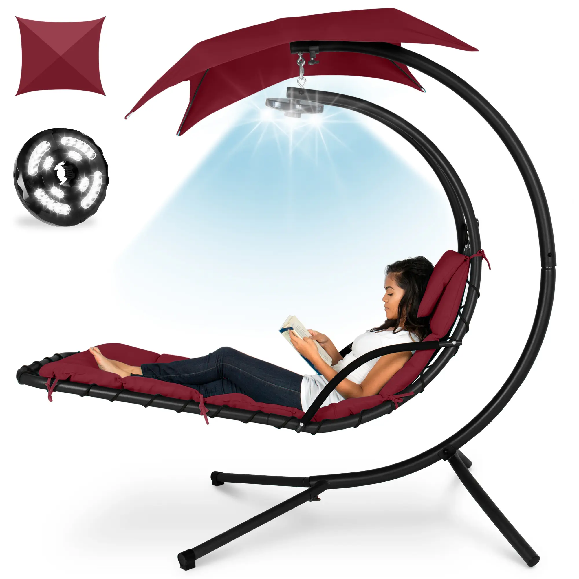 Best Choice Products Hanging LED-Lit Curved Chaise Lounge Chair for Backyard, Patio w/ Pillow, Canopy, Stand Best Choice Products Hanging LED-Lit Curved Chaise Lounge Chair for Backyard, Patio w/ Pillow, Canopy, Stand