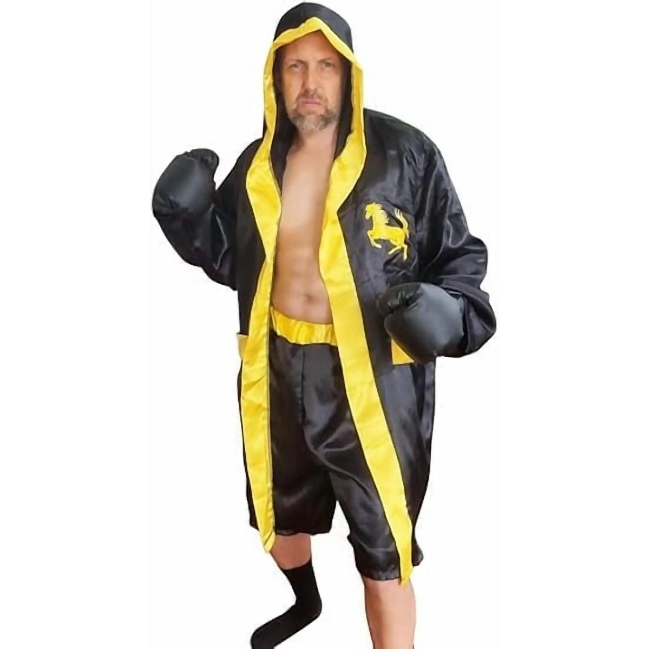 HandinHandCreations Men's Champion Boxing Costume, 4-Piece Set with Hooded Robe, Stretchy Shorts, Gold Belt, and Gloves, Menswear