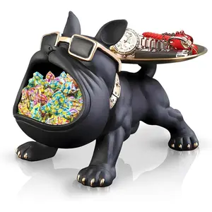 Resin French Bulldog Tray Statue, Bulldog Candy Dish Key Holder Bowl, French Bulldog Accessories, Statues for Office Desk Home Decor Figurines Entryway Table Decor (Black), Ornaments