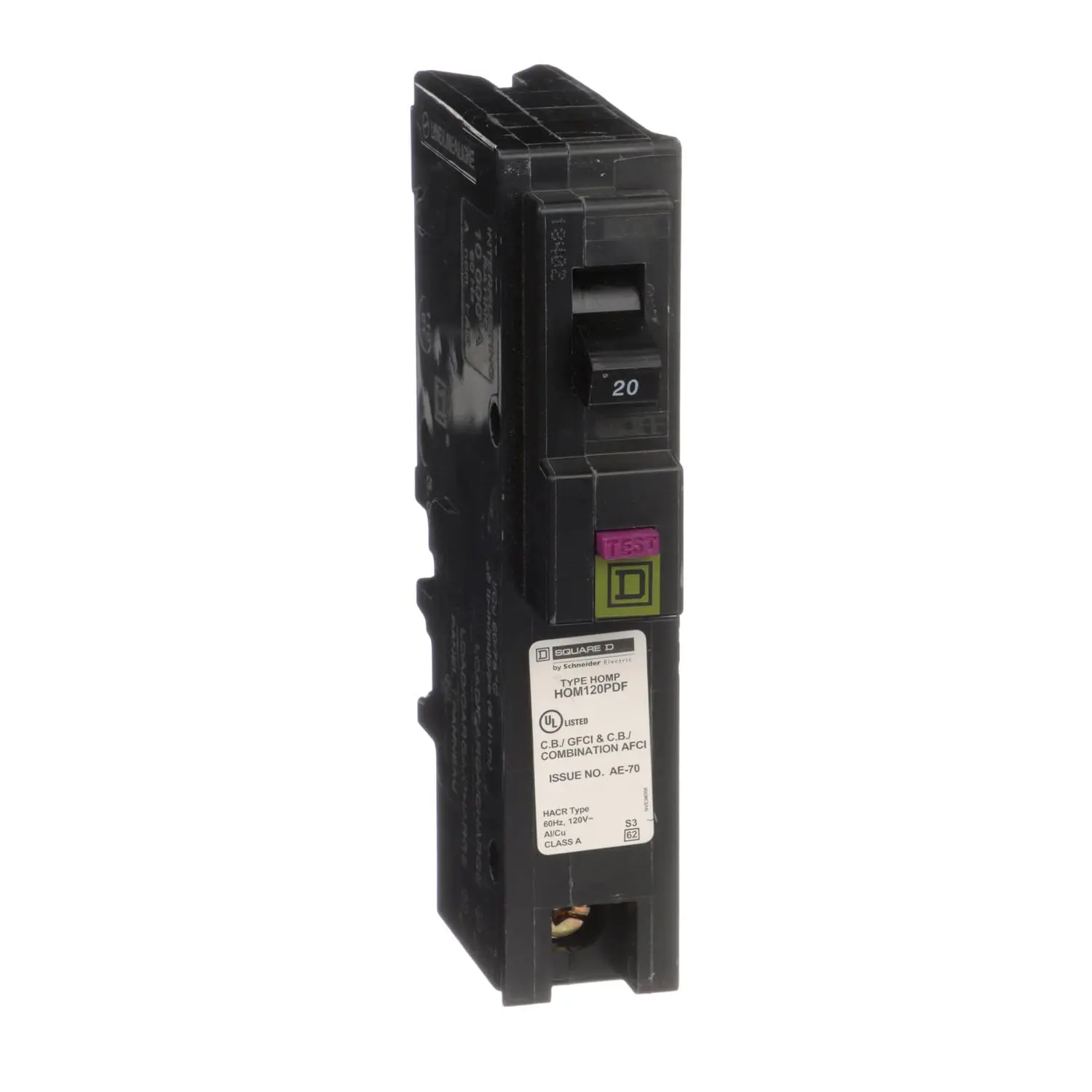 Square D Homeline HOM120PDFC 20A Single-Pole 120V UL Listed Dual-Function AFCI/GFCI Circuit Breaker, 10 KAIC, Arc Fault Safe, Single Unit for Bathrooms, Laundry Rooms, Kitchen Circuits, Indoor Use