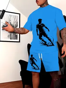 Men's 3D Printed Set with Blue Soccer Football Character Graphic Tee and Matching Casual Track Shorts, Stylish Summer for Active Wear