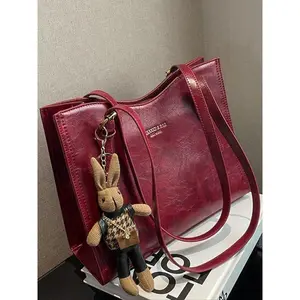 Trendy Solid Tote Bag Large Shoulder Purse with Cute Rabbit Charm – Perfect Mother’s Day Gift, Daily Work & Casual Outfit Essential