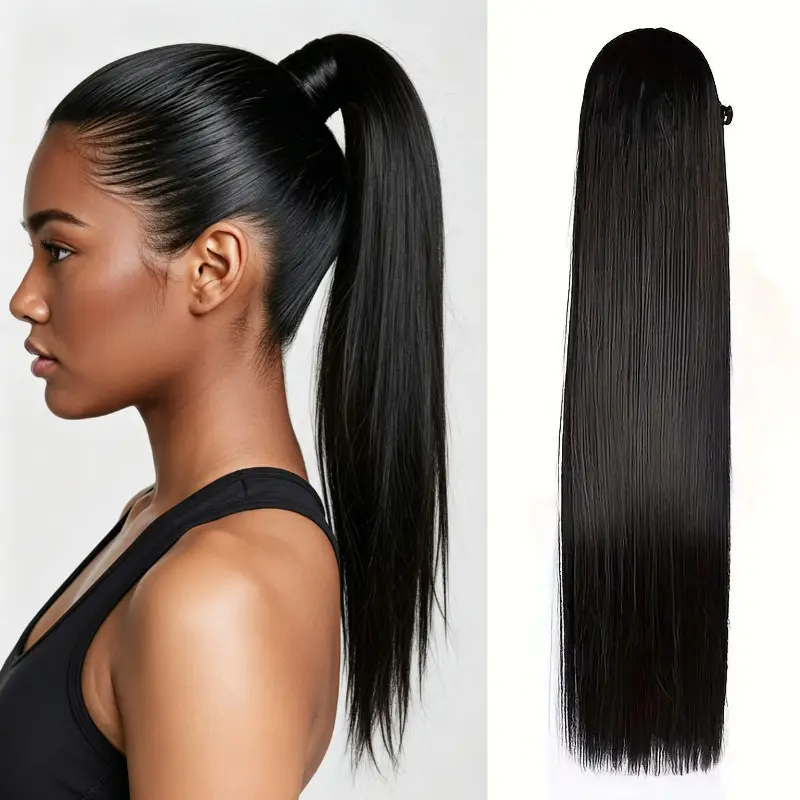 RW Human Hair Drawstring Ponytail Extension, 120g High Elasticity Bubble Band Secure Wrap-Around, Silk Straight/Kinky Straight/Water Wave Styles for Black Girls (Valentine's Day, #summervibes)