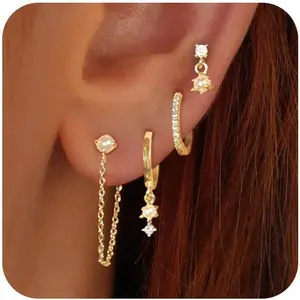 Earrings for Women, 14k Gold Plated Dangle Huggie Earrings for Women Trendy Dainty Gold Hoop Earring Stacks Hypoallergenic Pearl Chain Drop Cartilage Earring Fashion Womens Jewelry
