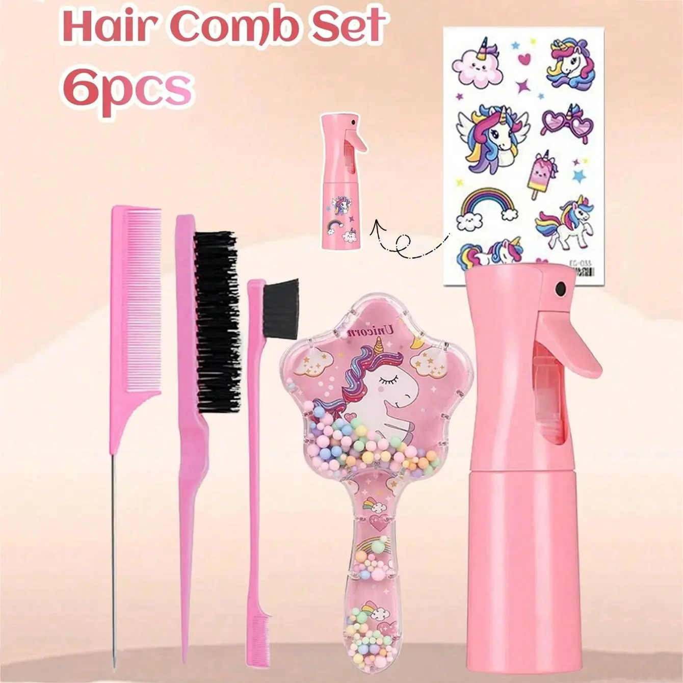 Unicorn Cartoon Hair Detangling Brush Set, Hair Styling Tool Set, Hair Care Tool, Styling Kit, Heatless Styling Tools, Including Hair Brush & Hair Comb & Hair Clip & Hair Tie & Spray Bottle