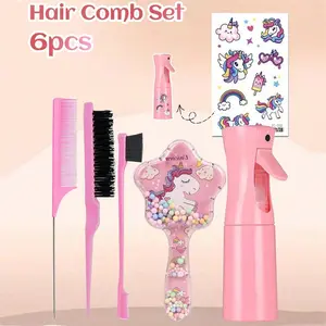 Unicorn Cartoon Hair Detangling Brush Set, Hair Styling Tool Set, Including Hair Brush & Hair Comb & Hair Clip & Hair Tie & Spray Bottle