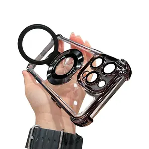 Protective Four comners Plated Clear Bracket Phone case for iPhone 16 15 14 13 12 Pro Max 16 15 Plus Cover with Kickstand   Protector Shockproof Cover protector  de camara