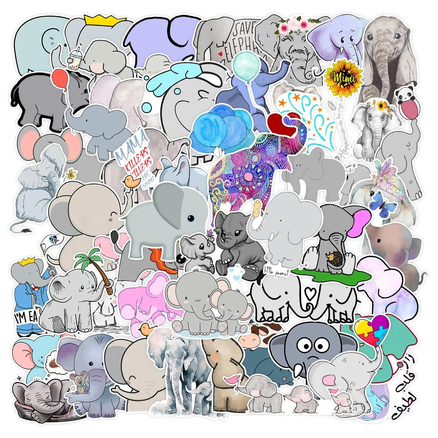 50pcs Cartoon Elephant Pattern Decorative Sticker, Creative Waterproof Sticker For DIY Scrapbook Home Decoration, Funny Stickers, Cute Animal Stickers, Animal Scrapbook Decals