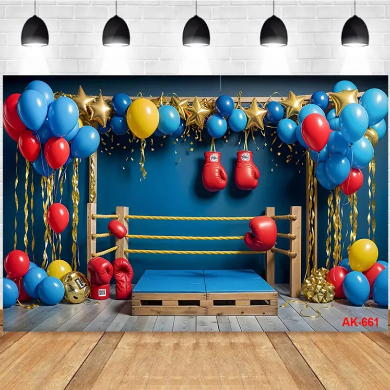 Colorful Boxing Gloves Rope Stand Stars Boy Birthday Party Decoration Background Cloth Photography Backdrop