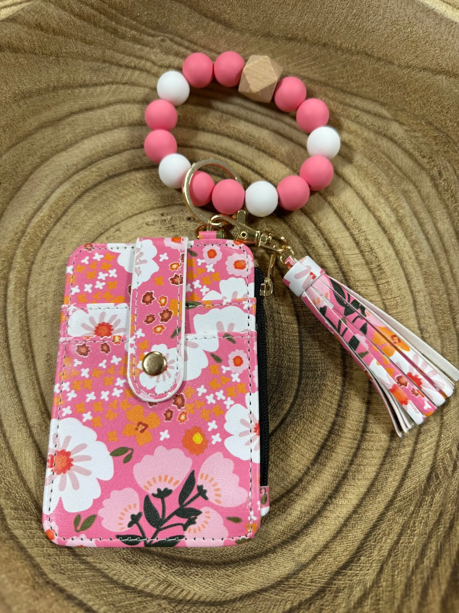 SILICONE BEAD WRISTLET WITH CARD HOLDER KEYCHAIN