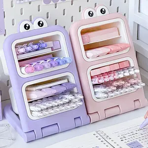 Desktop Slant-Insert Storage Box Large Capacity Cute Cartoon Layered Pen Holder Desk Organizer School Office Stationery Creative Pen Stand, Girly Office Supplies, Office Desk Accessories