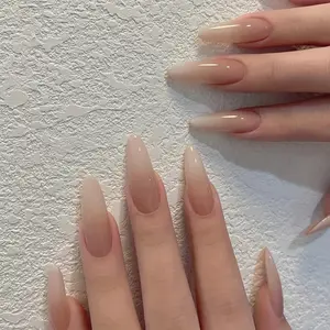 24 Long Almond-Shaped Light Coffee Gradient French Nail Pieces with 1 Nail File And 1 Sheet of Jelly Glue