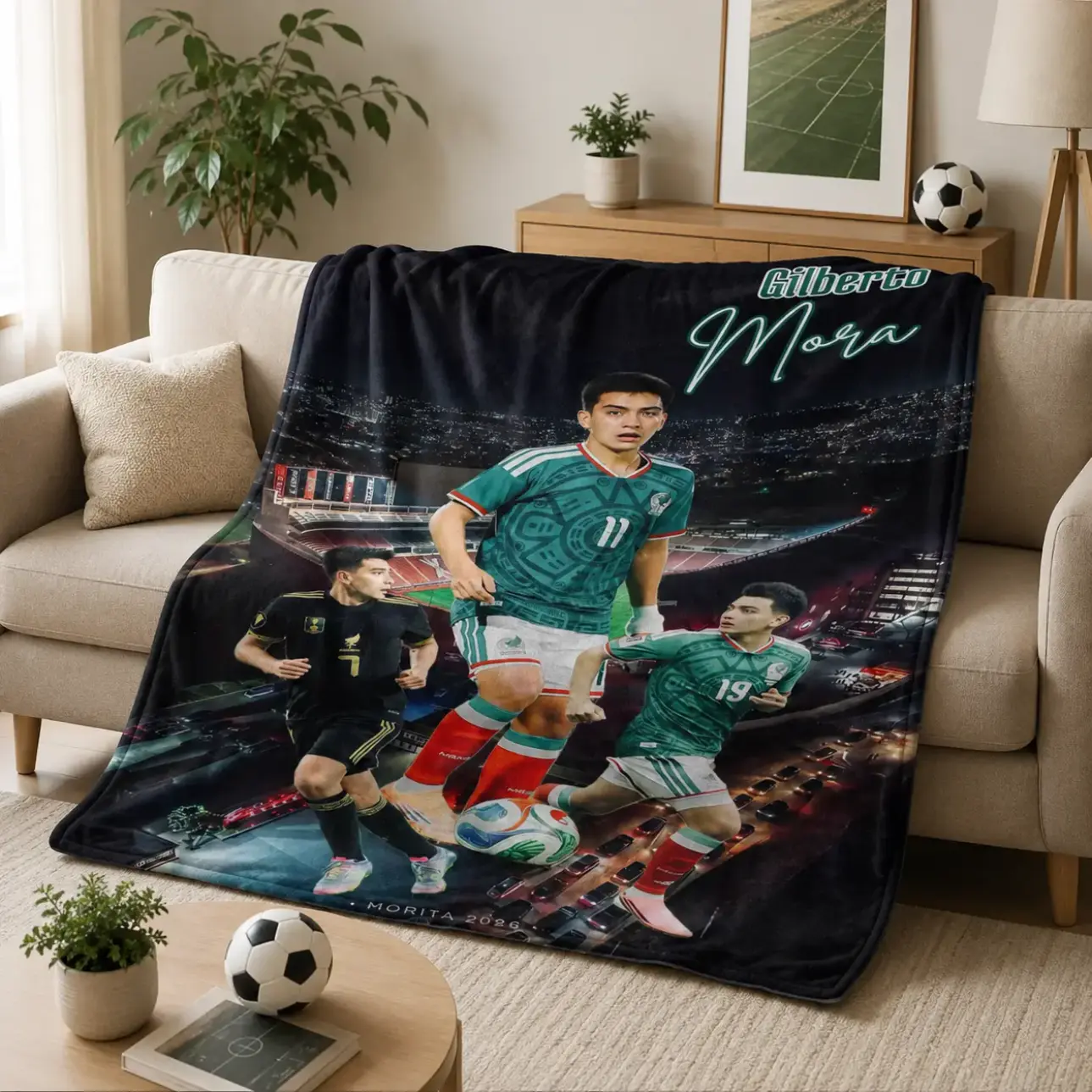Mexico Soccer Stadium Action Blanket featuring Gilberto Mora, Soft Lightweight Flannel Throw for Beds and Couches, Match Highlights, Weekend Replays, Youth Soccer Players, El Chico Maravilla Fans and Mexico Football Supporters