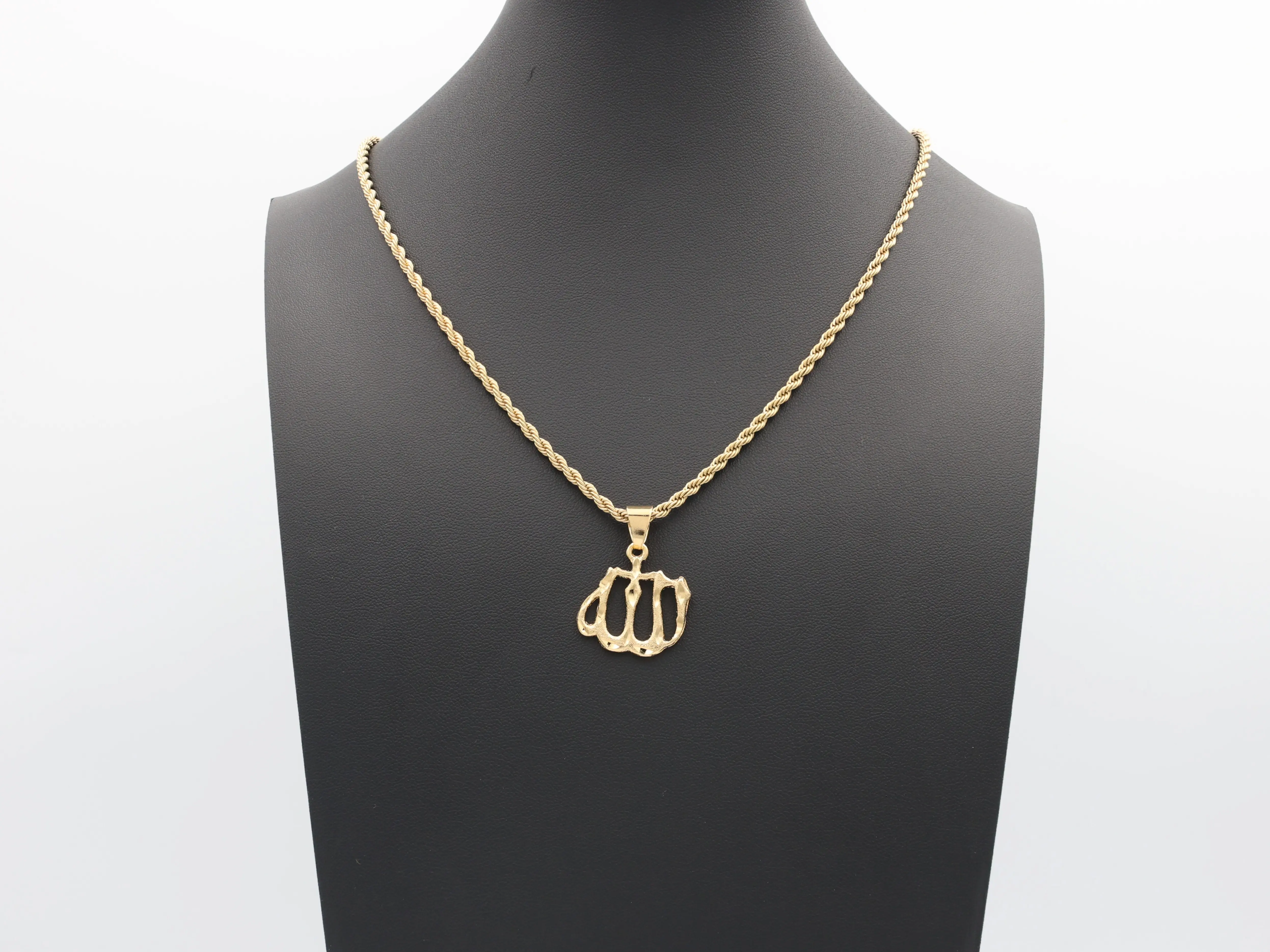 Gold Allah Necklace Pendant 3mm Rope Chain Unisex 14K Heavy Plated Lifetime Replacement Guarantee