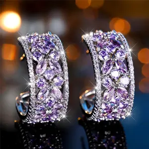 Luxury Female Red Green Purple Zircon Crystal Stone Stud Earrings Big Charm Silver Color Wedding European Jewelry For Women