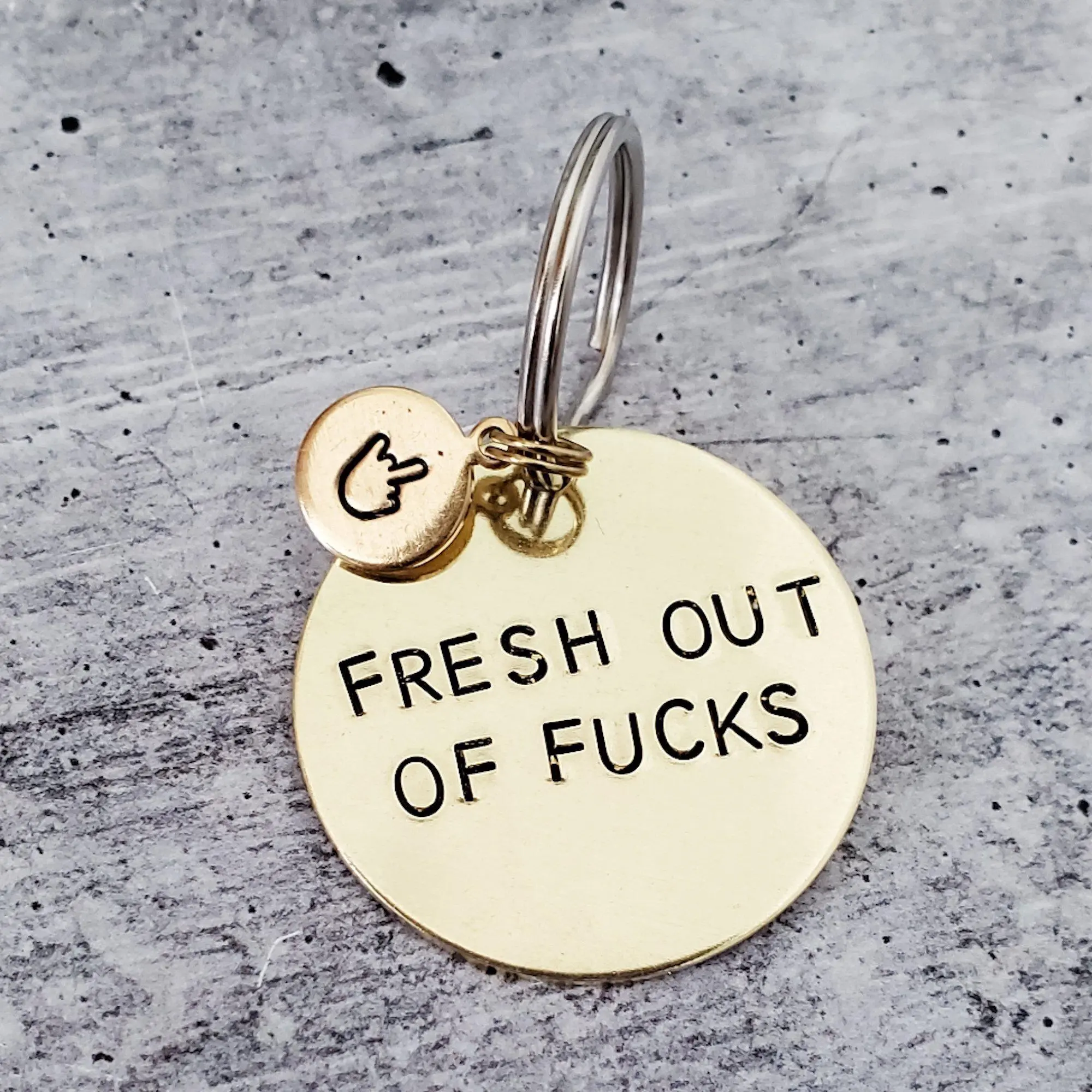 FRESH OUT of FCKS Brass Keychain with Middle Finger Emoji