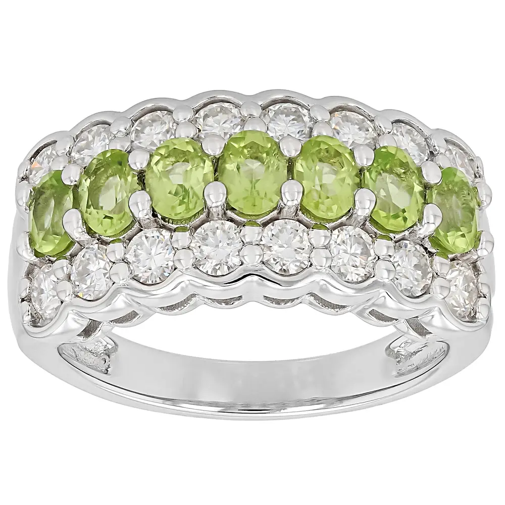 JTV Green Peridot with White Moissanite 325 Silver Ring 1.66ctw