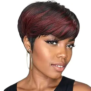 pixie straight human hair wig Chocolate Brown Wigs