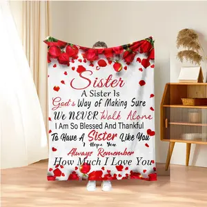 Red Rose Pattern Soft Blanket, Letter for Sister Pattern Comfortable Warm Throw, Air-conditioned Room Nap Blanket for Home Office Travel Camping, Gift for Sisters, Floral Blanket