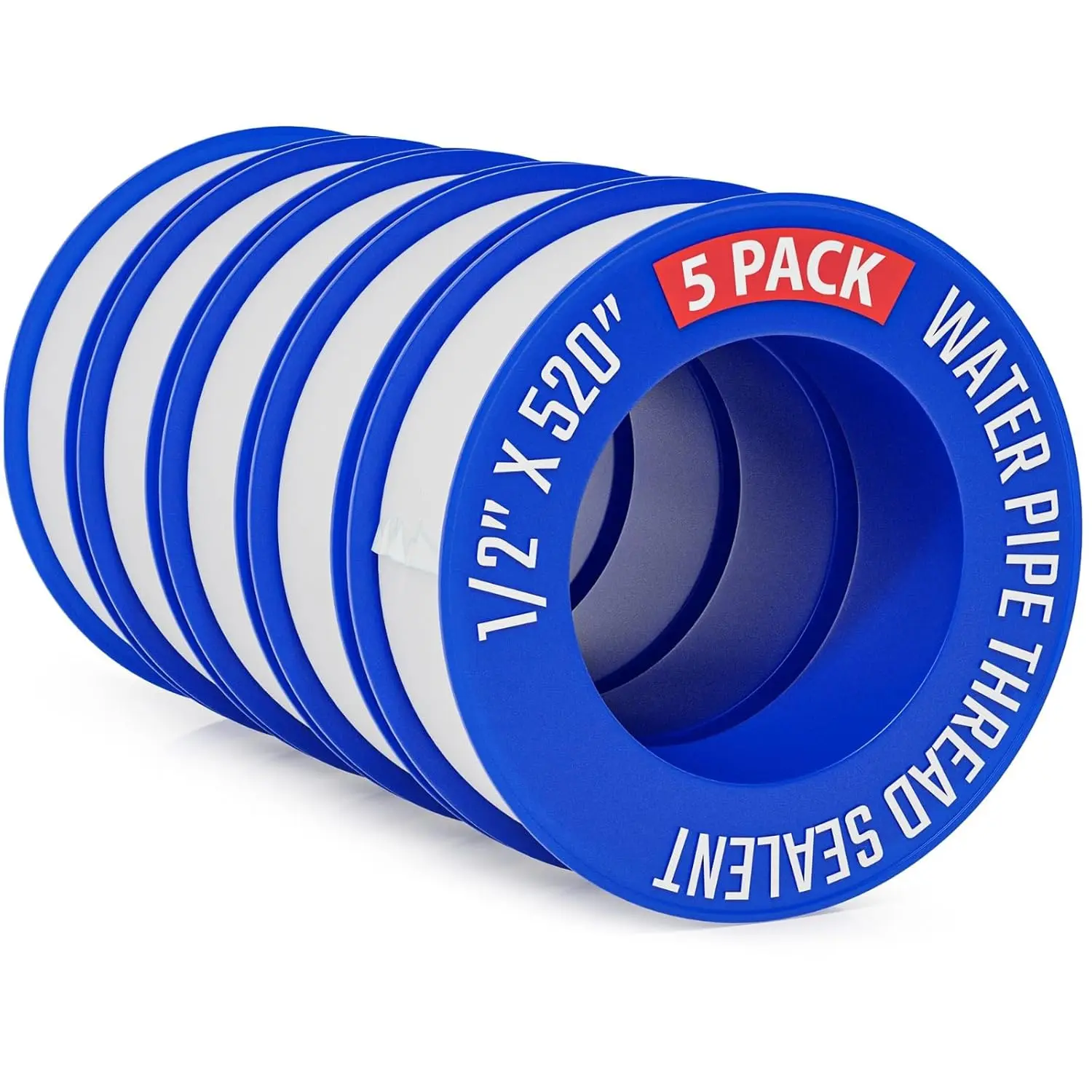 PTFE Thread Seal Tape, 5-Pack 1/2" x 520" Plumber's Teflon Tape for Pipe Threads, Plumbing Repairs & Shower Heads