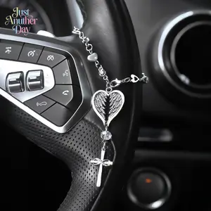 Retro Angel Wing Heart & Cross Steering Wheel Charm, Vintage Hollow-Out Car Pendant, Silver Tone Chain Ornament with Crystal Accents