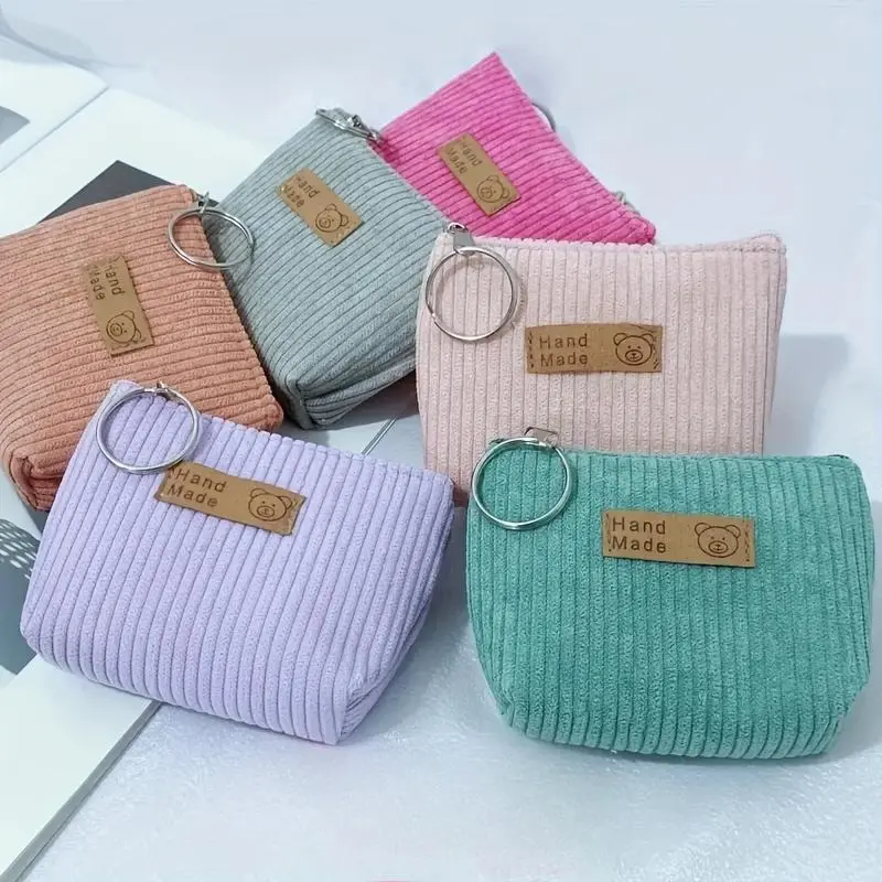Random Color Mini Corduroy Coin Purse, 6 Counts Casual & Stylish Coin Purse, Casual Card Holder, Washable Storage Bag for Keys, Cables, Coins, Rings