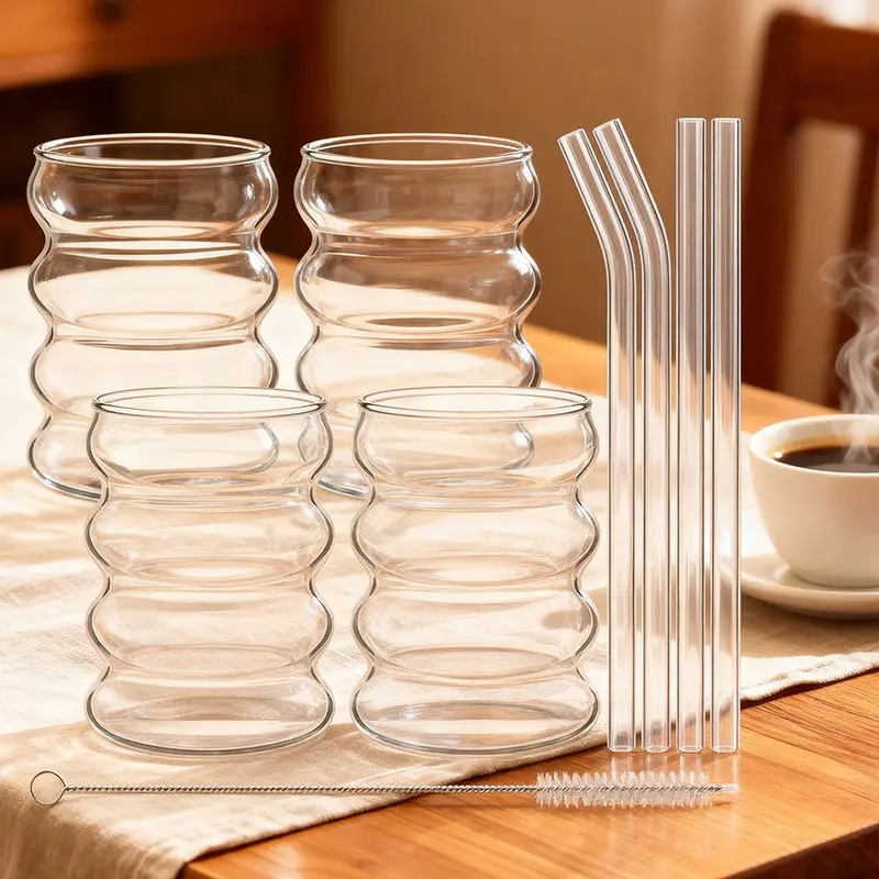 4 Pack Creative Glass Cups, 12oz Vintage Drinking Glasses, Ribbed Glassware Aesthetic Cup, Drinkware, with Straws and Cleaning Brush Set