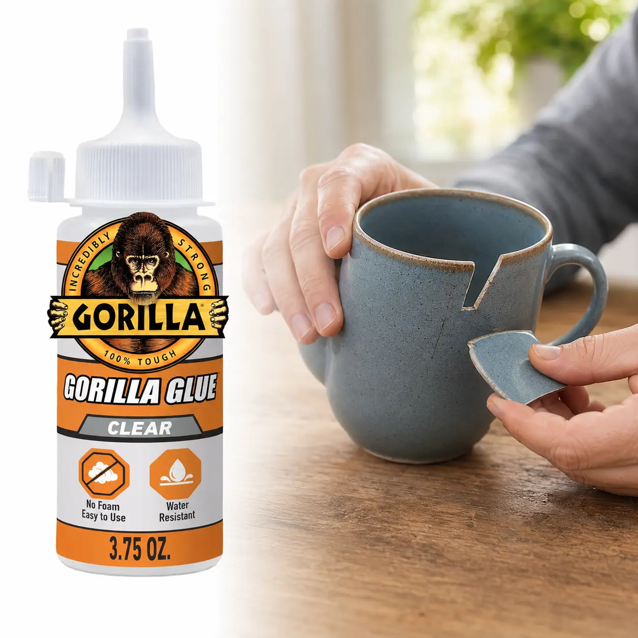 Gorilla 3.75 oz. Clear Glue,crystal clear,non-foaming,strong bond,water resistant,UV resistant,sandable,paintable,2-hour set,24-hour cure,indoor,outdoor,wood,stone,metal,ceramic,foam,glass,leather,paper,plastic,DIY projects,furniture fix,invisible bonding