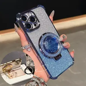 Glitter Phone Case with Ring Holder, Anti-slip & Anti-drop Phone Case, Fashionable Phone Accessories Compatible with iPhone 16 15 14 13 12 11 Mini Plus Pro Max, Cover