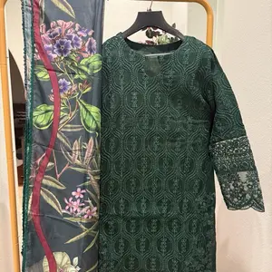 Chikenkari Lawn 3pc with Silk Dubbta Medium Casual Dress Floral Womenswear Summer Green Embroidered Dress