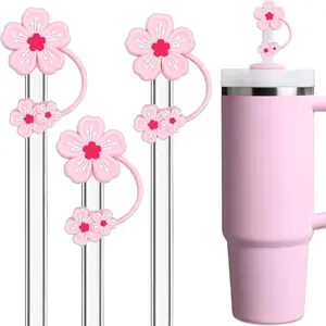 Flower Straw Cover for Stanley Cup Cherry Blossom Straw Topper for 30/40 Oz Tumblers - Rose Reusable Silicone Stanley Accessories Cute Straw Protector Tips Lids