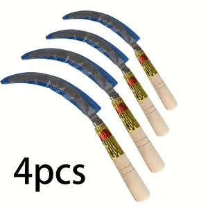 4pcs Wooden Handle Scythe, Grass Cutting Knife, Durable Garden Tool Set, Ideal for Farming & Gardening, Rust Resistant Design