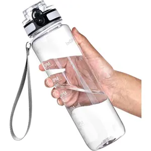 Water Bottle, 32oz Motivational Sports Water Bottle with Time Marker - Times to Drink - Tritan, BPA Free, Wide Mouth Leakproof, Clear (1 Bottle)
