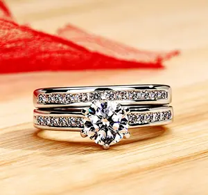 Classic Platinum-Plated 6-Prong Sparkling CZ Engagement Rings for Women, Casual Stackable Bridal Band Couple Wedding Ring Set