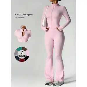 Two-piece loungewear set featuring a long-sleeve zip-up jacket and wide-leg pants, suitable for going out, vacations, and airport travel; yoga/sports set with a stand collar, slim fit, high waist, slightly flared design, casual wear