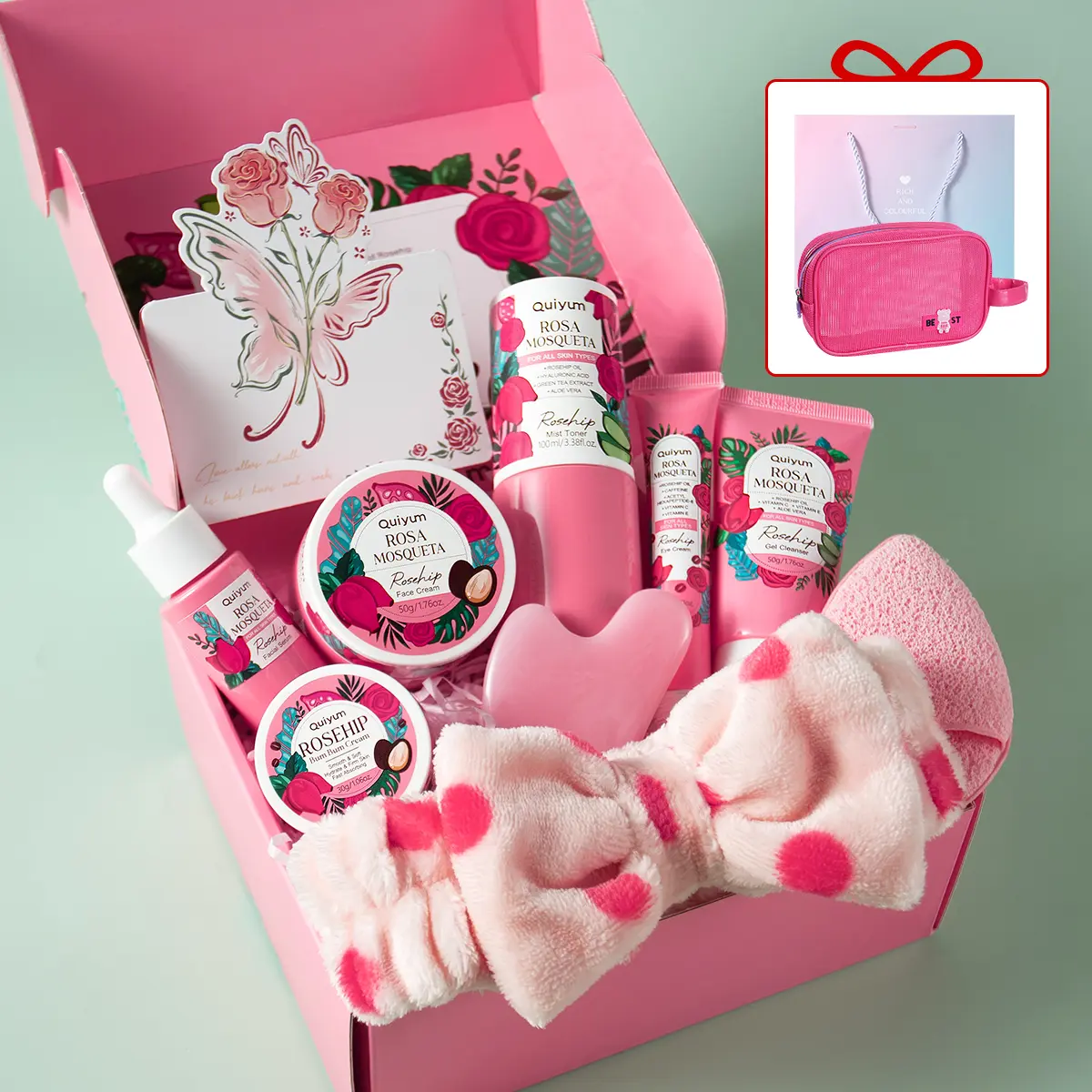 Quiyum Rosehip Skincare Set (Cleansing Gel 50g+Toner 100ml+Facial Essence 30ml+Eye Cream 20g+Face Cream 50g+Butt Cream 30g+Spray Bottle+Cleansing Puff+Facial Scraper+Hair Band+Greeting Card+Gift Box+Gift Pouch+MakeUp Bag)