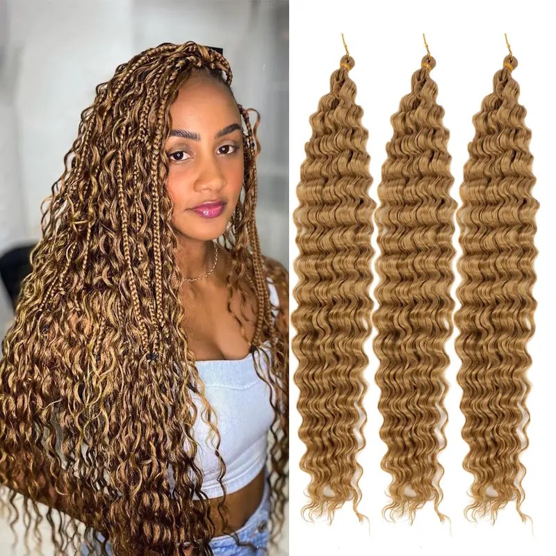 30 Inch Human Braiding Hair for Boho Braids, Deep Wave Bulk Knotless Braids Curly Bohemian Water Wave Braiding(#27, (3 No Weft Bundles/Pack))