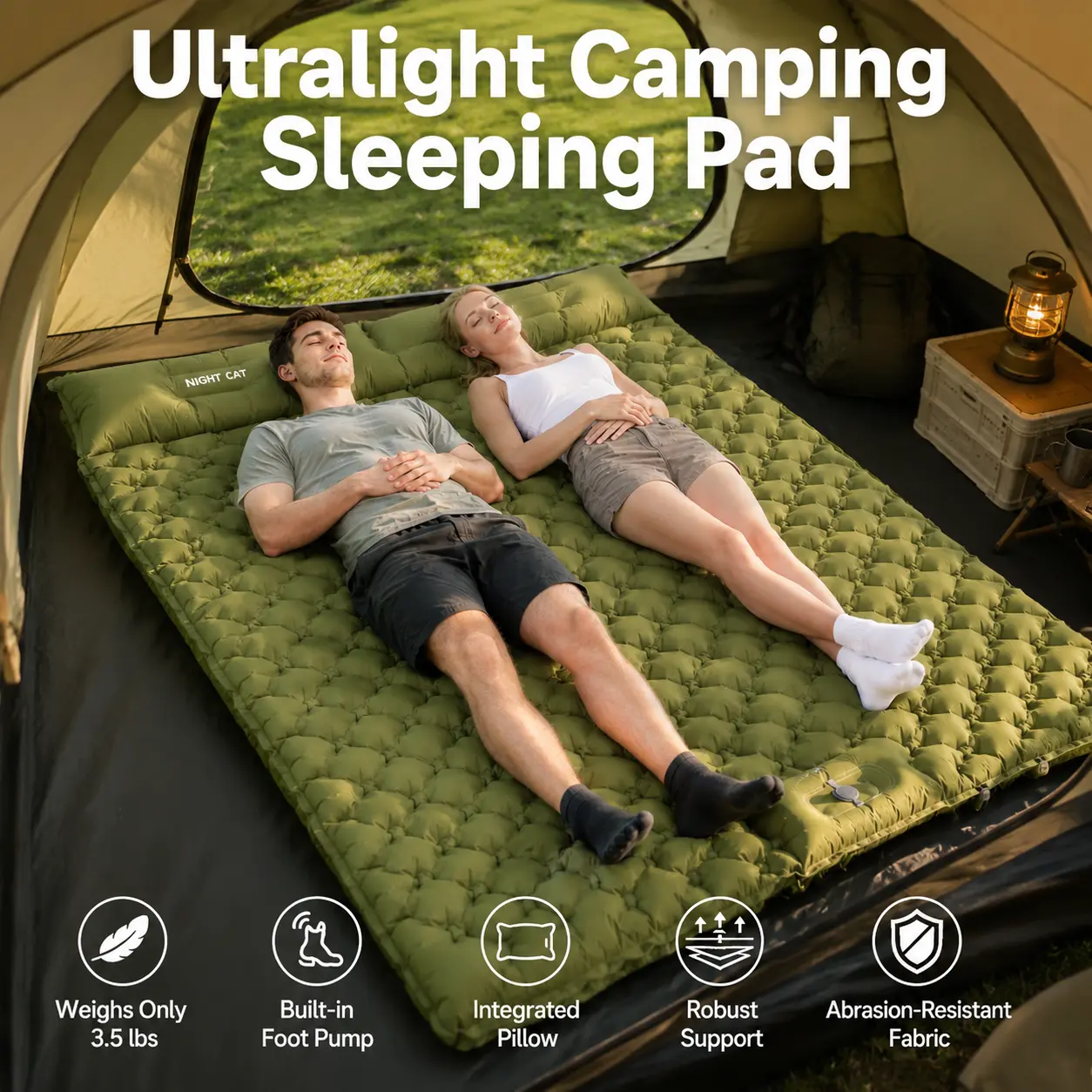 Night Cat Inflatable Double Sleeping Pad Mat Bed with Foot Pump & Double Pillow for Camping Hiking Ultra-Light Compact 77"x 47" Comfortable TPU Coated Nylon Fabric, Inflatable Airbed, Camping Accessories, Lightweight summervibes,