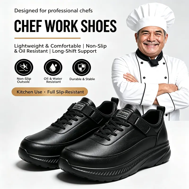 Slip-on outdoor sports shoes / work shoes — waterproof, anti-slip, oil-proof, odor-resistant, suitable for daily life and work, comfortable, black stain-resistant, easy to put on and take off (no laces needed), wide toe, Footwear.