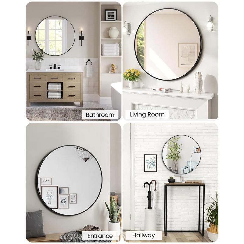 GARVEE Round Mirror, 24 Inch Circle Mirror, Black Metal Framed Mirrors for Wall, Round Mirrors for Wall Decor, Bathroom Mirrors for Over Sink, Black Round Mirror for Entryway, Living Room, Easy to Install