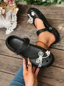 Women's Pearl Bow & Flower Decor Mary Jane Clogs, Cute Casual Shoes, Comfortable & Lightweight Design #MaryJaneClogs #PearlDecor #WomensFootwear