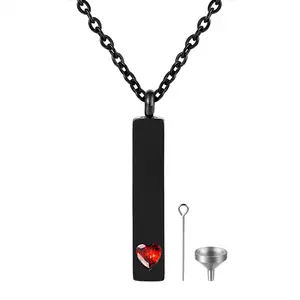 OIDEA Birthstone Memorial Keepsake Locket Necklace for Women Stainless Steel Cubic Zirconia Rectangle Bar Engravable Remembrance Gift