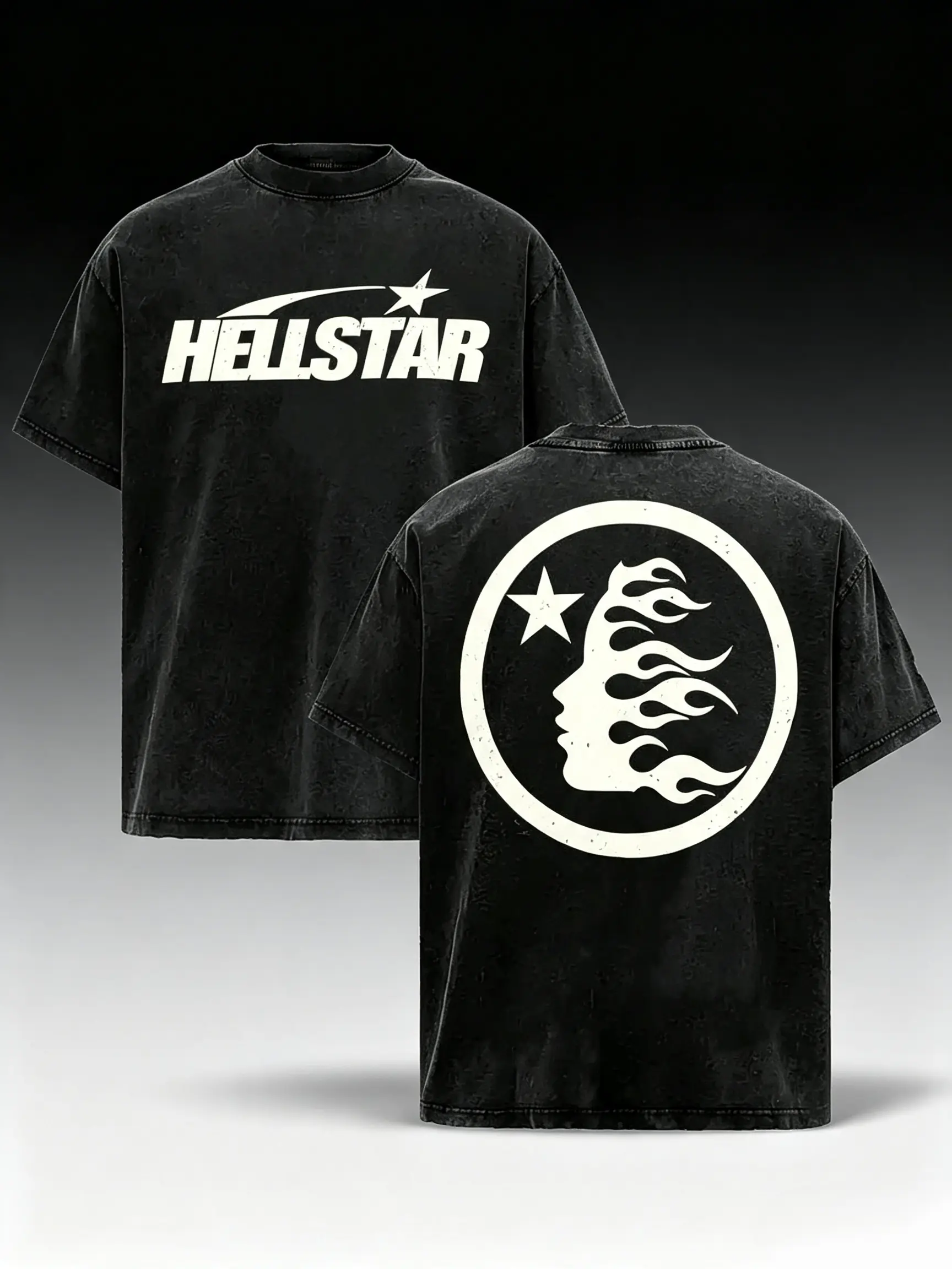 Men's Retro Washed Black Streetwear Short-Sleeve T-Shirt - 100% Cotton, Hellstar Star Logo Flame Face Double-Sided Print, Loose Oversized Fit, Ideal Gift for Hip-Hop Y2K Style Fans