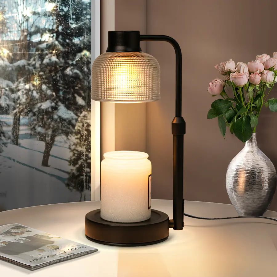 Wooden Accent Candle Warmer Lamp with Metal Tabletop - Timer, Dimmer, Adjustable Height, Fragrance Release, Total Safety, Ambient Glow, Home Decor Accessories, Ideal for Christmas, Wedding Gifting (for Glass-Jar Candles)