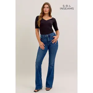 Judy Blue High Waist Tummy Control Back Pocket Embroidery Bootcut Denim Jeans 881062 - Inseam Options